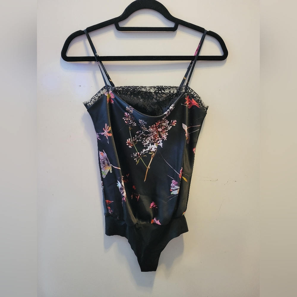 BNWT Victoria secret Black Floral Satin Cowl Neck Bodysuit